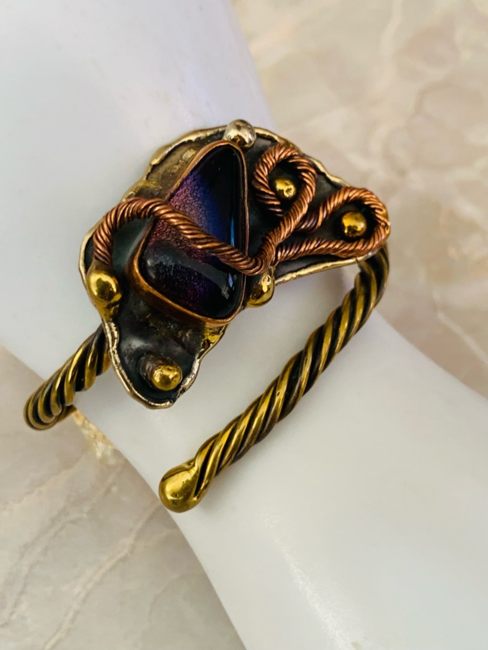 Brutalist Brass & Copper Twisted Cuff Bracelet with Iridescent Glass Accent